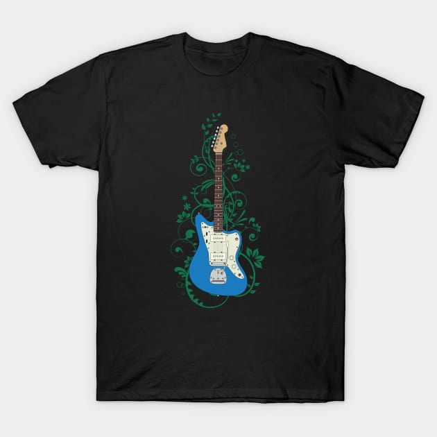 Blue Offset Style Electric Guitar Flowering Vines T-Shirt by nightsworthy